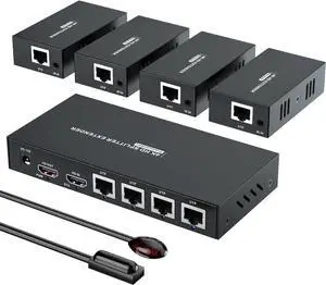 HDMI Extender Splitter 1x4 HD 4K @60Hz Over CAT5/CAT6/CAT7 Ethernet CableUp to 196ft-Loop Out-Equipped with IR POC and EDID