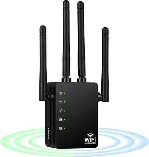 WiFi Range Extender 1200Mbps, AC1200 Wireless Signal Repeater Booster 2.4 & 5.8GHz Dual Band 4 Antennas 360 Degree Full Coverage Support One Button Setup with Ethernet Port Easy Setup