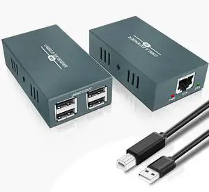 USB Extender Over Ethernet RJ45 LAN Extension, with 4 USB 2.0 Ports, Transmit 50m/165ft Over Ethernet Cat5/5e/6/7, Support Power Over Cable, Play and Plug, No Driver Required
