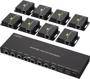 HDMI Extender Splitter Over Ethernet 1 in 8 Out Cat5e or 6 Up to 165FT 50m HD1080P 60Hz 3D with Port Loop Out Support EDID POC Suitable for Projection Exhibition Presentations
