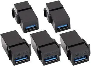 USB 3.0 A Keystone Adapter Female to Female USB 3.0 A Keystone Jack Insert Socket Coupler Adapter for Wall Plate Outlet Panel (Black/5 Pack)