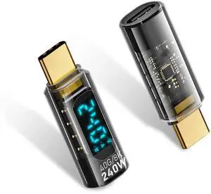 240W USB C Extension Adapter Power Meter Tester, USB C Male to Female Adapter with Wattage LED Digital Display, for iPhone 15, Type-C Cables/Devices (2 Pack-Transparent)