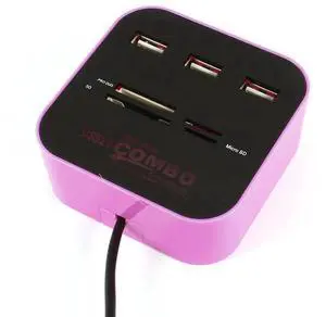 3 Port Powered USB 2.0 Hub Expander + Multi Memory Card Reader Pink