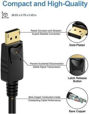 4K DisplayPort to DisplayPort Cable, 10 Feet, Gold-Plated High Speed Display Port 1.2 Cable (4K@60Hz, 2K@144Hz) DP Cable Compatible with Computer, Desktop, Laptop, PC, Monitor, Projector