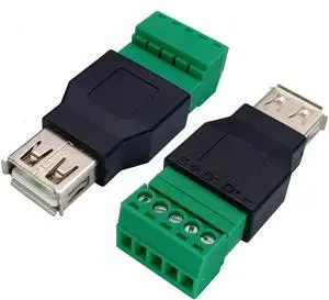 USB 2.0 A Screw Terminal Block Adapter USB 2.0 A Female to 5 Pin/Way Female Bolt Screw Shield terminals Pluggable Type Adapter Connector for Charging and Data Transfer (2 Pack/Female)