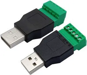 USB 2.0 A Screw Terminal Block Adapter USB 2.0 A Male to 5 Pin/Way Female Bolt Screw Shield terminals Pluggable Type Adapter Connector for Charging and Data Transfer (2Pack/Male)