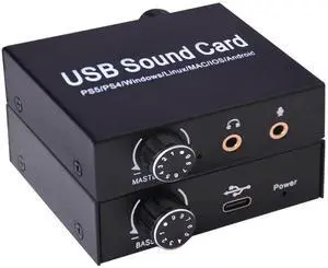 External Sound Card, USB Audio Adapter with Volume Output and Bass Adjustment, Stereo Sound Card with 3.5mm Microphone Port for Windows/Linux/MAC/iOS/Android System, PS5, Laptops, Desktops