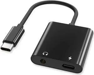 USB-C to 3.5mm Headphones Adapter Type-C Aux Jack Earbuds Splitter USBC Audio TRRS Mic Earphones Dongle PD & QC Charging for Samsung S21 S20 Note 20 10 iPad Pro Pixel 2 3 4 XL Black