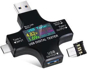 2 in 1 Type C USB Tester Color Screen LCD Digital Multimeter, USB C Voltage Current Voltmeter Amp Volt Ammeter Detector USB Cable Charger Indicator DC3.6-30V/0-5.1A