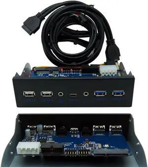 USB 3.0 2-Port + USB 2.0 2-Ports +Type-C Port 5.25 Inch Metal Front Panel USB Hub with 1 HD Audio Output Port/1 Microphone Input Port for Desktop [ 20 Pin Connector & 2ft Adapter Cable]