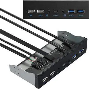 USB2.0 + 3.0 Metal Front, 5.25 inch 19Pin Front Panel Adapter, 4 USB 3.0 Port hubs and (1HD Audio Port / 1TPY-C Port / 1 Microphone Input)