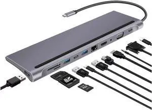 11 in 1 USB Type-C Hub to HDMI 4K VGA, Suitable for Samsung Dex Station, Universal Laptop Dock Hub with 87W PD Compatible with MacBook Pro / 2018 2017 / iPad/Air 2018