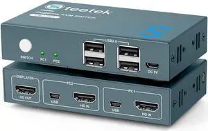 USB 2.0 KVM Switch 2 Port Box, UHD 4K@60Hz, USB HDMI KVM Switch for 2 Computers Share Keyboard Mouse Printer and 1 HD Monitor, 4 USB 2.0 Hub, Button Switch, with 2 USB and 1 HDMI Cables