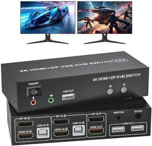 HDMI Displayport KVM Switch 2 Monitors 2 Computers, 4K@60Hz USB 2.0 DP 1.4 KVM Switch w/Audio Micro, Dual Monitor Supports Extended/Mirror Mode, 2-Port for 2 PC Share 1 Set of Keyboard Mouse Printer
