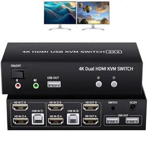 2 Ports Dual Monitor Switch, 4K@60Hz KVM Switch 2 Monitors 2 Computers, KVM Dual Monitor HDMI Switcher 2x2 for 2 Computers Share 2 Displays and 5 USB 2.0 Ports, Wired Remote and USB Power Cable