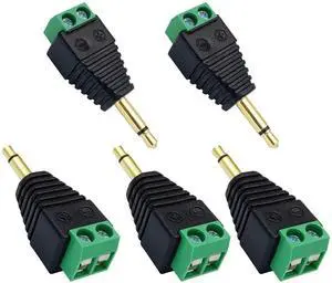 3.5mm Screw Terminal Gold Plated 3.5mm (1/8") TS Mono Male to 2 Pin Female Screw Terminal AUX Headphone Balun Solderless Converter Adapter(5-Pack/Male)