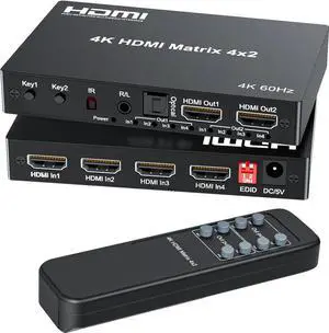 4x2 HDMI Matrix, HDR 4K@60Hz 4 in 2 Out HDMI Switch Splitter with IR Remote, HDMI Matrix Switch + Optical Toslink + 3.5mm L/R Audio Output, Support UHD HDMI2.0, HDCP2.2, 18Gbps, EDID, Audio Extract