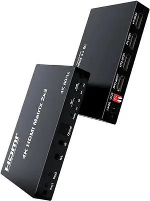 2x2 HDMI Matrix, HDMI Matrix Switch Splitter 2 in 2 Out with Remote Control, Support UHD HDR 4K@60hz, HDMI 2.0, HDCP 2.2, 18Gbps, EDID Management, Digital Optical Stereo, Audio Extractor