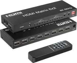 6x2 HDMI 2.0 Matrix Switch Splitter,6 in 2 Out HDMI Matrix Switcher Selector Supports 4K@60Hz 18Gbps UHD HDR HDCP 2.2, with Remote Control & Optical SPDIF 3.5mm Audio Extractor, EDID Management