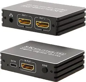 8K HDMI 2.1 Splitter 1 in 2 Out, 1x2 HDMI Splitter Support 8K@60hz, 4K@120hz, EDID, 48Gbps, 3D, HDR 10+, HDCP2.3, Dolby Vision, 3.5mm Audio Output, Mirror Dual Monitors for PS5 SkyQ Xbox NS