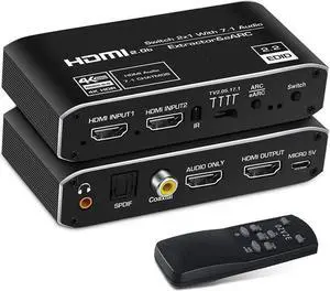 4K@60Hz eARC HDMI Swtich Audio Extractor, 2x1 HDMI Audio Converter with Remote Control, 7.1CH Atmos/ eARC/ARC/ Optical Toslink SPDIF/ Coaxial/ 3.5mm Audio Out, Supports HDCP2.3, HDMI2.0b