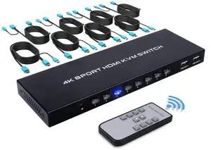 8 Port KVM Switch HDMI, 4K@30Hz 8 in 1 Out HDMI KVM Switch for 8 PC Sharing 1 HD Monitor and 4 USB Devices with IR Remote & 8 HDMI Cables