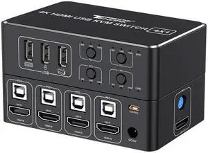 HDMI KVM Switch, 4K HDMI 4 in 1 Out KVM Switch Box Keyboard Mouse Printer Switcher Include 4 USB Type-B Cable Support 4K@60Hz, EDID/HDCP 2.2 3D for Laptop PS4 HDTV Monitor