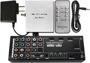 RCA VGA Video AV Audio HDMI Switch 8x1 Switcher Analog HDTV Splitt Converter Box Multi-Functional HDMI Converter Switch 8 Inputs to HDMI+COAXIAL+SPDIF Output Support 3D and Surround Sound for 1080P HD