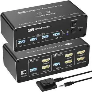 KVM Switch 2 Monitors 2 Computers, HDMI KVM Switches 8K@60Hz, USB 3.0 Switch for 2 PC Share 2 Screens, Support Extended/Copy Mode with Desktop Controller with 2 USB Cables & Desktop Controller