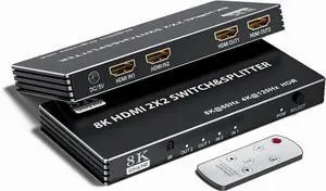 2x2 HDMI Switch Splitter, HDMI 2.1 Switcher 2 in 2 Out 8K@60Hz 4K@120Hz, w/IR Remote Control, Supports HDCP 2.3 HDR, HDR10, HDR 10+, 3D