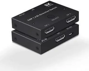 8K Displayport 1.4 Switch, Bi-Directional 1in 2 Out or 2in 1out DP 1.4 Switcher Converter Supports 8K@30Hz 4K@120hz 2K@144hz for Dual DP Sources or Displays