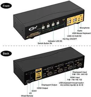 4 Port Dual Monitor KVM Switch HDMI + DisplayPort 4K 60Hz YUV 4:4:4, Keyboard Video Mouse Switcher for 4 Computers 2 Monitors with Audio and USB 2.0 HUB