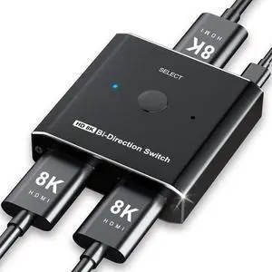HDMI Switch Splitter 8K @ 60Hz Bi-Directional, 2 in 1 Out or 1 in 2 Out HDMI 2.1 Switch Splitter, Button Switch with EDID Adaptive, Compatible with The Xbox Series PS5, Plug and Play