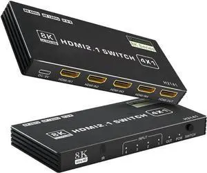 8K HDMI Switch 4 in 1 Out, 4 Ports HDMI 2.1 Switch Box with IR Remote Control, 48Gbps HDR10 HDCP2.3 DPCP Supported, Auto Switching, Compatible with PS5/4/3 Xbox NS HDTV Monitor
