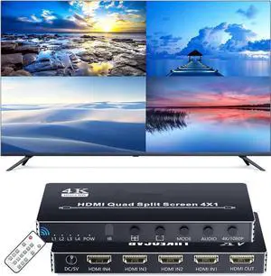 HDMI Multi-Viewer 4X1, Seamless Switcher 4 in 1 Out, Quad Multi Viewer Switcher with IR Remote, Supports 4K 30Hz, 5 Display Modes for Security Camera, Gaming Consoles