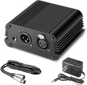 1Channel 48V Phantom Power Supply with Adapter BONUS+XLR 3 Pin Microphone Cable for Any Condenser Microphone Music Recording Equipment