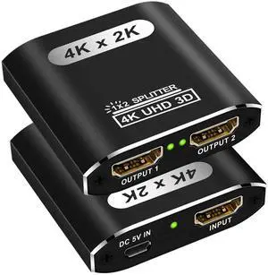 HDMI Splitter 1 in 2 Out, 4K HDMI Splitter for Dual Monitors Supports 3D Full HD 1080P Aluminum Dual Monitor Compatible for PS4 Fire Stick HDTV(1 Source to 2 Displays)