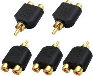 RCA Y Splitter Adapter,Gold-Plated1RCA Male to 2 RCA Female Jack Audio Video Y Splitter Adapters Connector for Audio Video AV TV Cable Convert (5 Pack M/F)