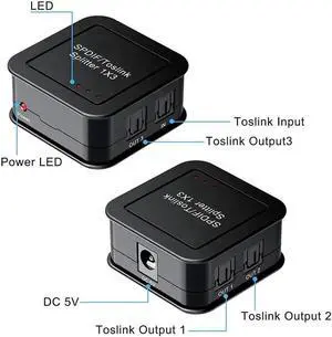 SPDIF/Toslink Digital Optical Audio Splitter 1x3, Optical Audio 1X3 Splitter, Support Dolby Digital & DTS 5.1 for PS3, Xbox, Blue-Ray DVD, HDTV,TV Box(1 Input 3 Output)