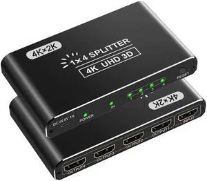 HDMI Splitter, 4K HDMI Splitters 1 in 4 Out for Dual Monitors Supports 3D Full HD 1080P Aluminum Compatible for PS4 Fire Stick HDTV(1 Source to 4 Displays) Black