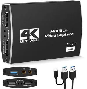 Capture Card 4K, 1080P HDMI Video Capture Card to USB/Type-C with Microphone and HDMI Loop-Out for Streaming, Compatible with Nintendo Switch/Game Console/Phone