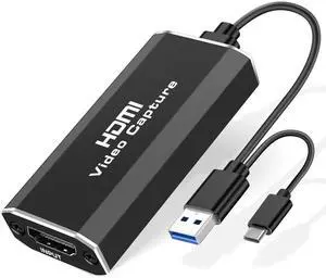 Capture Card 1080p 60fps, 4K HDMI to USB Video Game Capture Card with USB to USB/Type-C Cable, Video Audio Capture Card for Broadcast Live and Record with DSLR, Camcorder