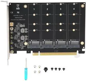 4 Port NVMe to PCIe Host Controller Expansion Card, M.2 NVME to PCIe X16 Adapter, Support 2230 2242 2260 2280, System Free Drive, 4×32Gbps, with Mounting Accessories (ph44)