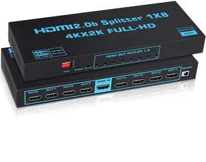 1x8 HDMI Splitter with EDID, 4K@60Hz HDMI2.0b Splitter 1 in 8 Out Audio Video Distributor Box with Power Adapter, Support 3D HDCP2.2, RGB8:8:8, 18.5Gbps for PS5, Fire Stick