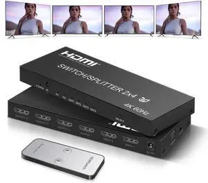 4K@60Hz HDMI Switch Splitter 2 in 4 Out with Remote, 2x4 HDMI Splitter Switcher 4K with SPDIF & 3.5mm Audio,Support 4K,3D,1080p,HDCP2.2,HDR 10 for PS5/4,Xbox,Fire Stick,etc