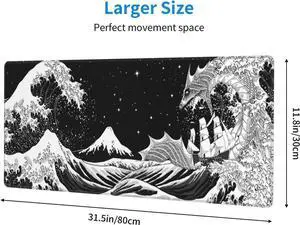 Black and White Waves Sea Dragon Gaming Mouse Pad XL, Extended Large Mouse Mat Desk Pad, Stitched Edges Mousepad, Long Non-Slip Rubber Base Mice Pad, 31.5 X 11.8 Inch