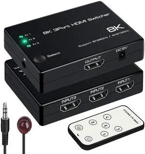 8K@60Hz HDMI 2.1 Switch 3 in 1 Out, 4K@120Hz HDMI Switcher 3 Port, 8K HDMI Auto Switch 3X1 Selector with IR Remote for Xbox,PS5,PS4,UHD TV, Support 48Gbps, HDCP 2.3,HDR 10+, 1080P@240Hz