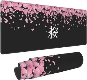Sakura Extended Mouse Pad 31.5x11.8 Inch XL Japanese Word Cherry Blossom Flower Non-Slip Rubber Base Large Gaming Mousepad Stitched Edges Waterproof Keyboard Mouse Mat Desk Pad for Office Home