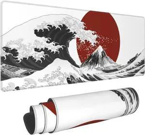 Black White Wave Gaming Mouse Pad XL Red Sun Sea Extended Large Desk Cover Big Table Mat Non-Slip Rubber Base Stitched Edge Long Keyboard Playmat for Gamer 31.5×11.8 Inches
