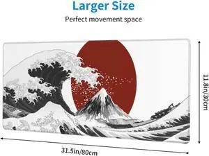 Black White Wave Gaming Mouse Pad XL Red Sun Sea Extended Large Desk Cover Big Table Mat Non-Slip Rubber Base Stitched Edge Long Keyboard Playmat for Gamer 31.511.8 Inches
